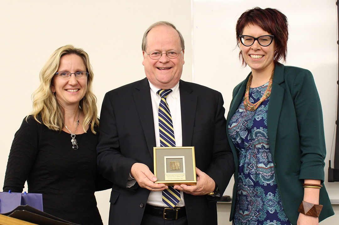 The Hon. Thomas Cromwell was named an Honorary Fellow of CREATE Justice on Oct. 25, 2016. Pictured here with Professor Heather Heavin (left) and Access to Justice Co-ordinator Brea Lowenberger (right).