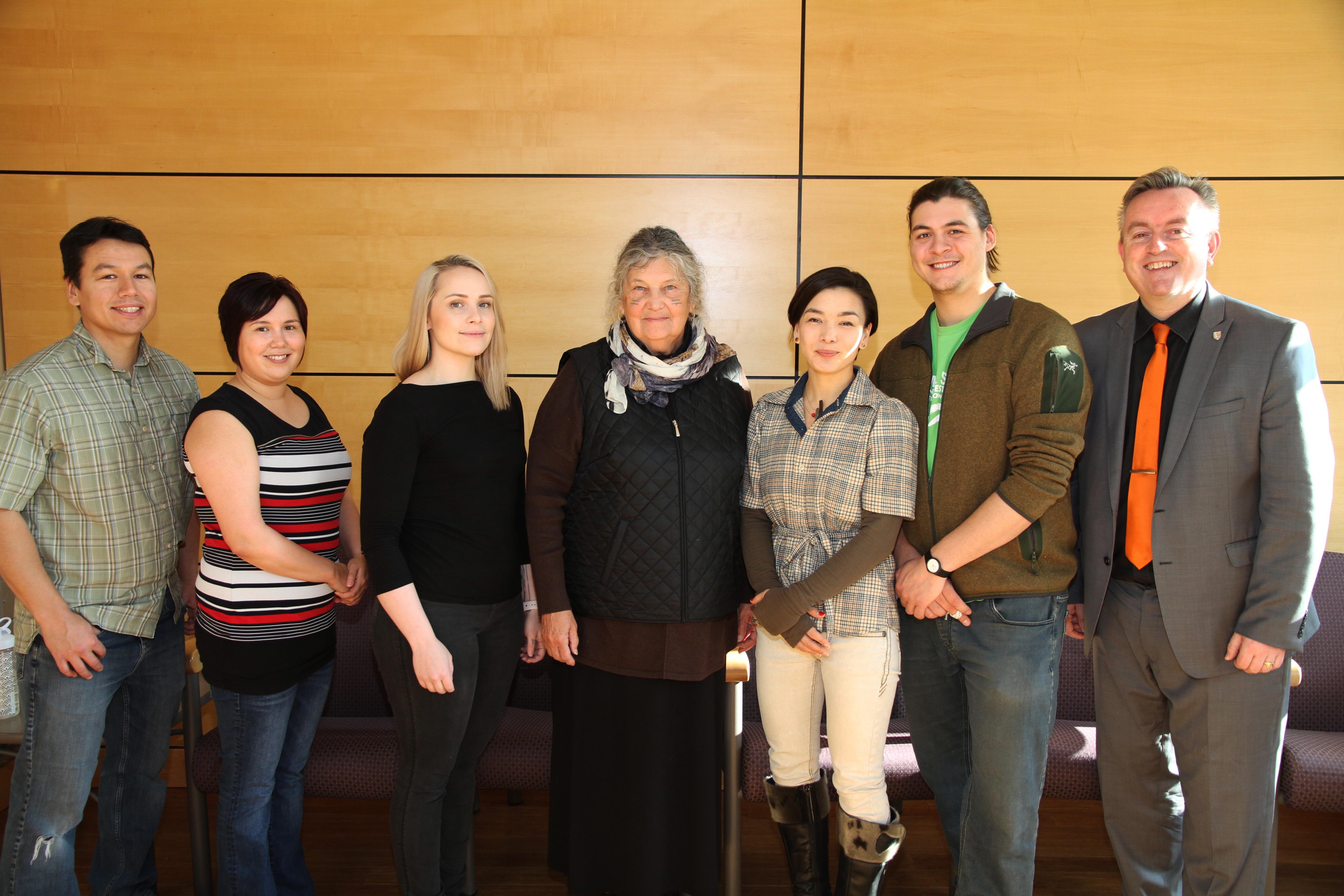 From left to right: David Lawson, Alanna Copland, Jasmine Redfern, Maria Campbell (College of Law Cultural Advisor), Angnakuluk Friesen, Robert Comeau, Martin Phillipson (Dean of Law)