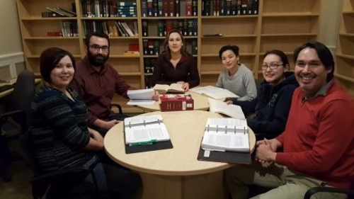 Nunavut law students Alanna Copland, left, Pascal MacLellan, Tagalik Eccles, Angnakuluk Friesen, Samantha Barnes and Guy d’Argencourt pore over their legal studies in the Nunavut Law Program. Photo by Michele LeTourneau/ NNSL photo