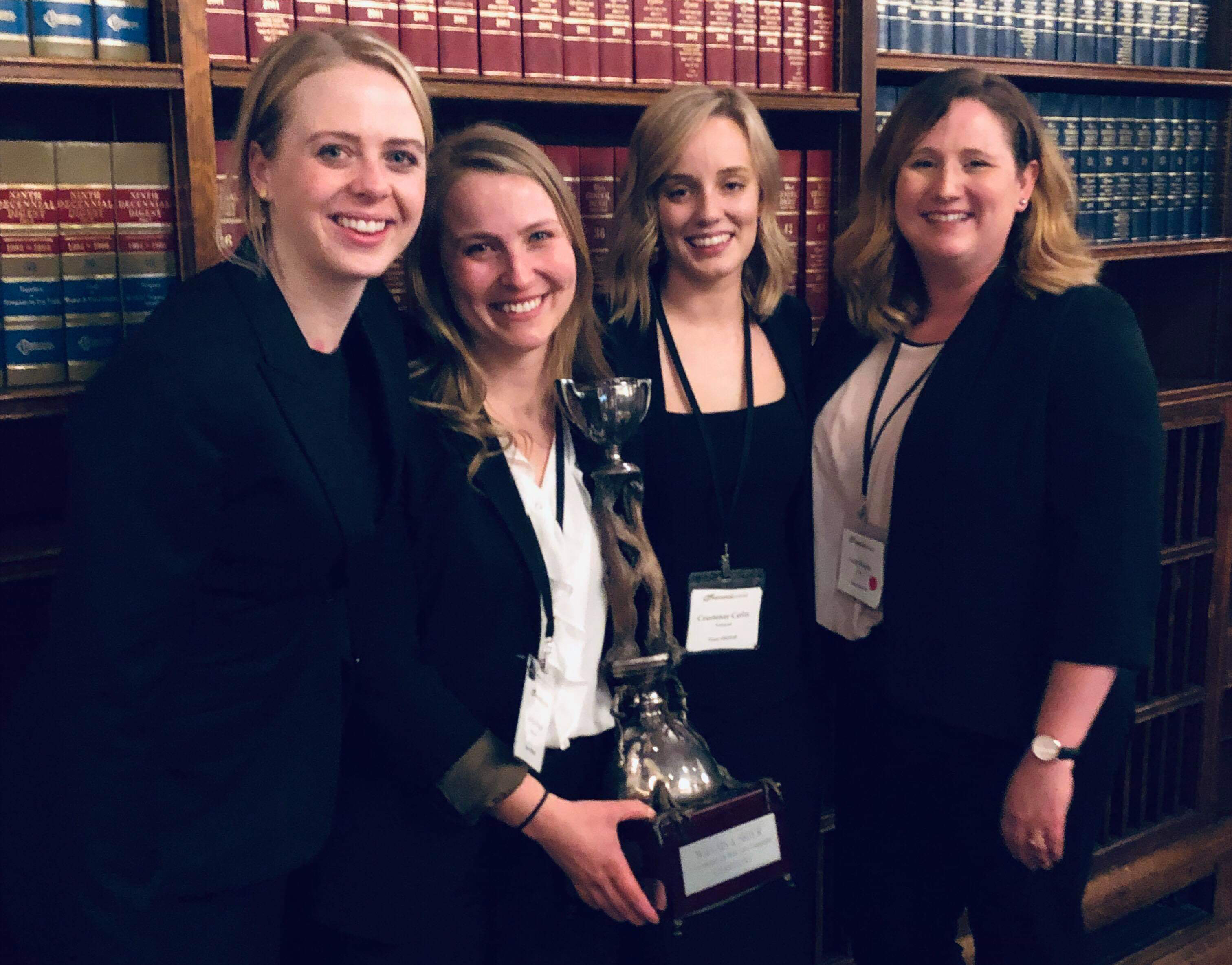 2019 Champions of the Willms and Shier Environmental Moot (l to r): Allyse Cruise, Kaitlin Ward and Courtenay Catlin with coach Leah Howie.