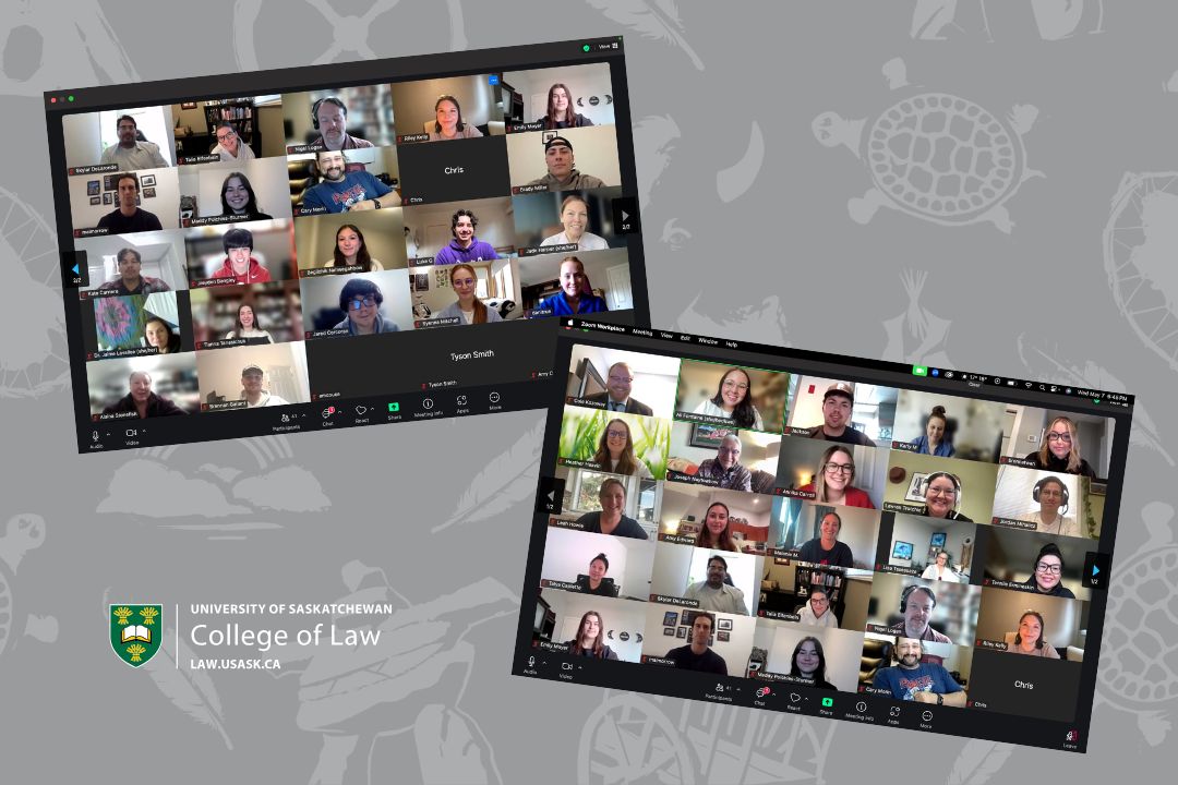 Two screenshots showing participants of a Zoom meeting, on a grey background