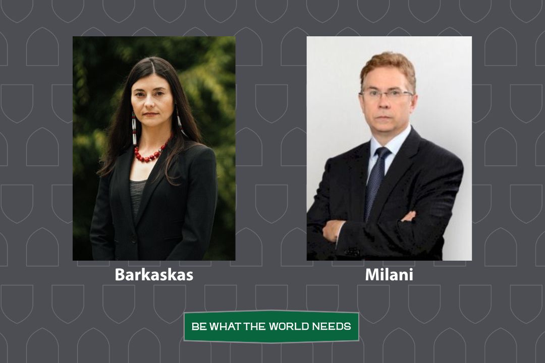 Graphic with grey background and head and shoulders photos of Patricia Barkaskis and Mike Milani