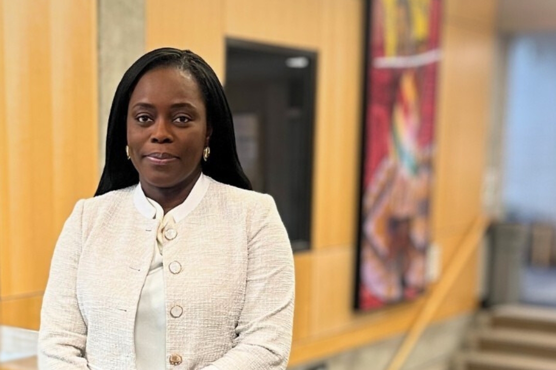 Dr. Ibironke (Ronke) Odumosu-Ayanu poses standing in the College of Law