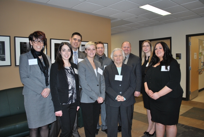 Photo: Front row: Dean’s Forum Instructor and Access to Justice Coordinator Brea Lowenberger, Janelle Souter, Julia Quigley, College of Law Dean Beth Bilson, Kelsey Corrigan. Back row: Lorne Fagnan, Graham Sharpe, Saskatchewan Deputy Minister of Justice and Attorney General Kevin Fenwick, Sarah Nordin.
